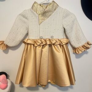 Elegant White and Gold Dress with Ruffles